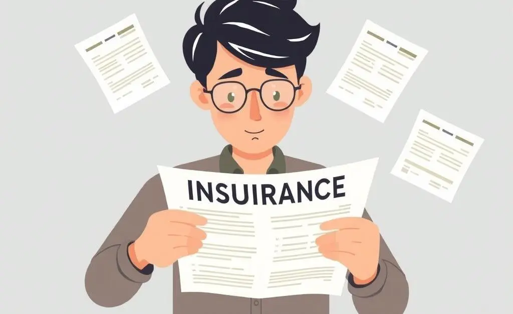 Illustration of a person reviewing an insurance policy with papers scattered around.