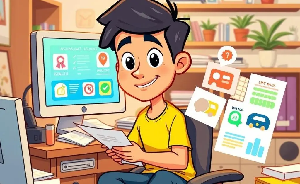 Cartoon of a person browsing different insurance products on a desk