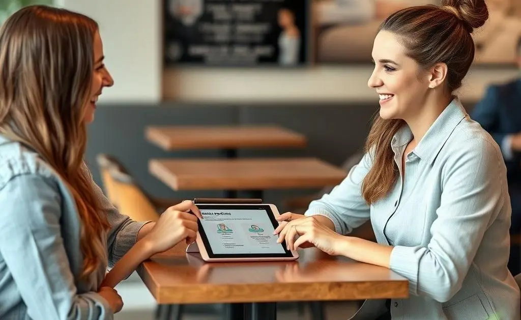 Two people at a cafe table discussing insurance options using a tablet