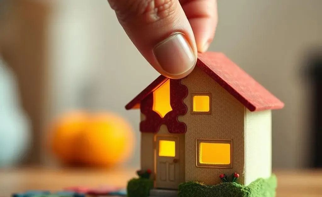 A hand placing the final piece of a puzzle shaped like a house.