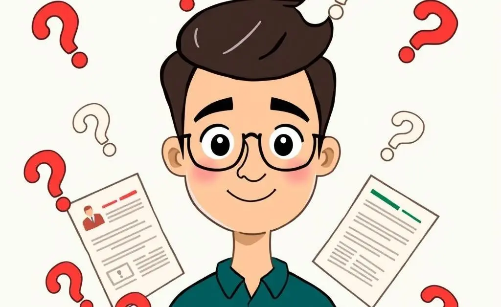 A cartoon-style image of a person surrounded by question marks and insurance documents.