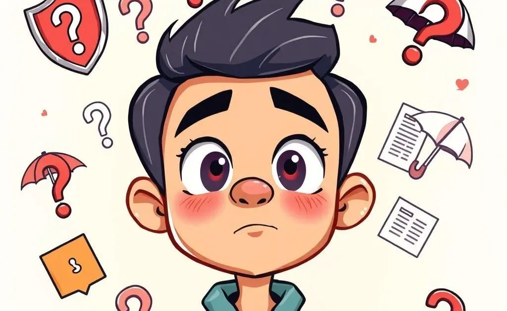 Person surrounded by floating question marks and insurance symbols
