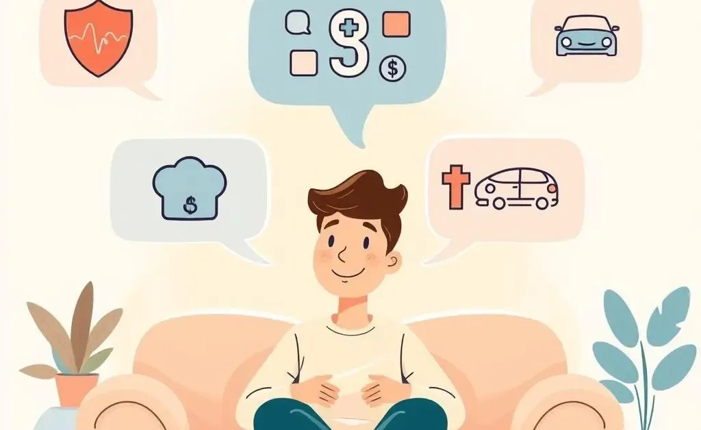 Illustration of a person comfortably asking questions with speech bubbles filled with insurance-related icons