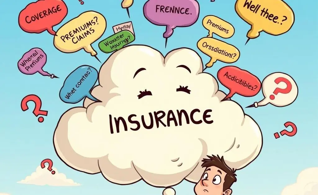 A person surrounded by insurance-related questions contemplatively pondering answers.
