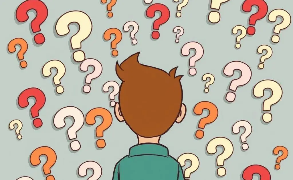 A cartoon of a person looking at a wall full of question marks, representing common insurance questions.