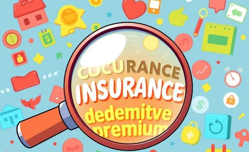 A magnifying glass over insurance terms like coverage, deductible, and premium.
