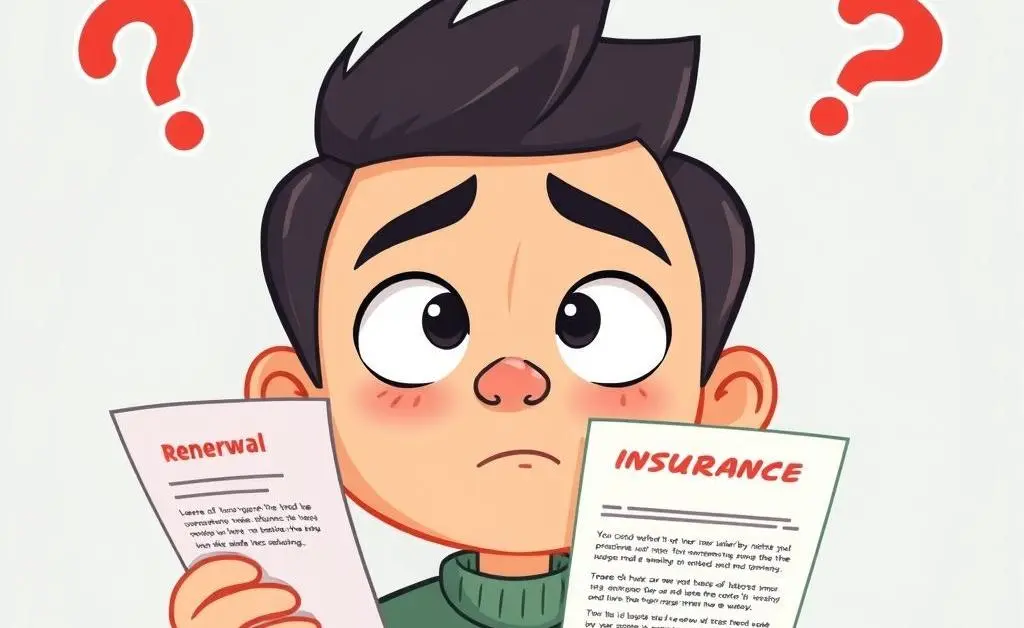 A cartoon person looking confused while holding an insurance renewal notice