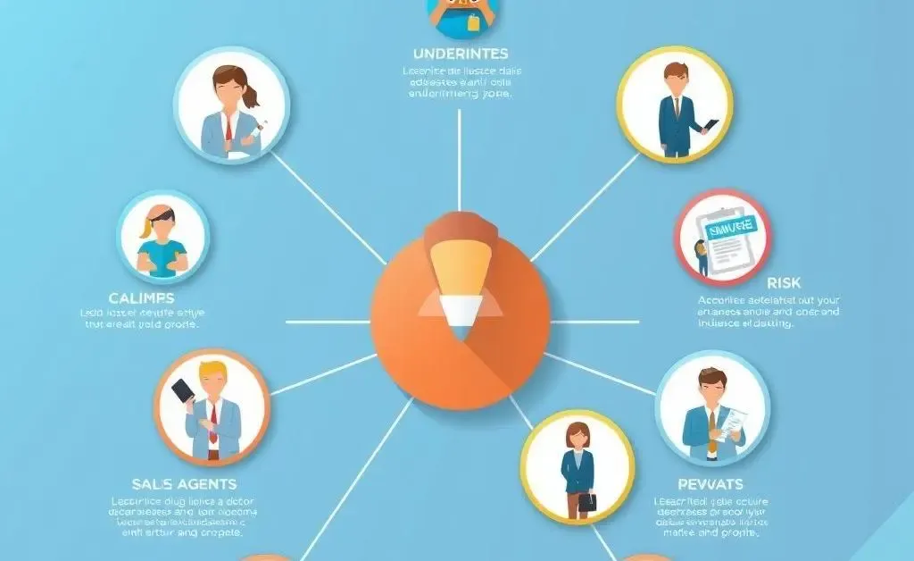 An infographic showing various job roles in the insurance industry with icons representing each role.