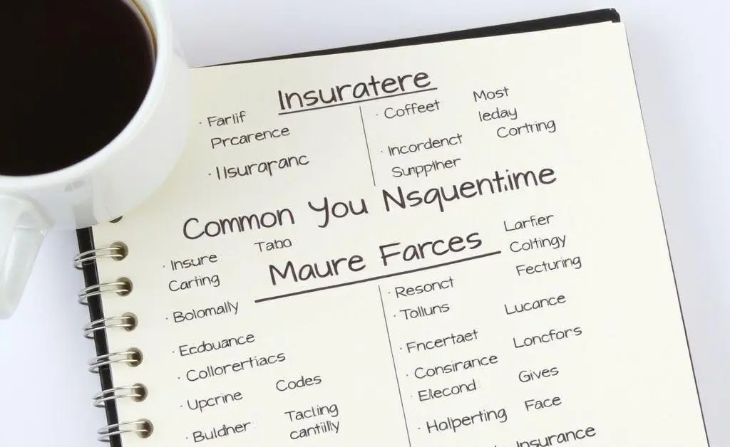 A notepad filled with common insurance terms, with a cup of coffee beside it.