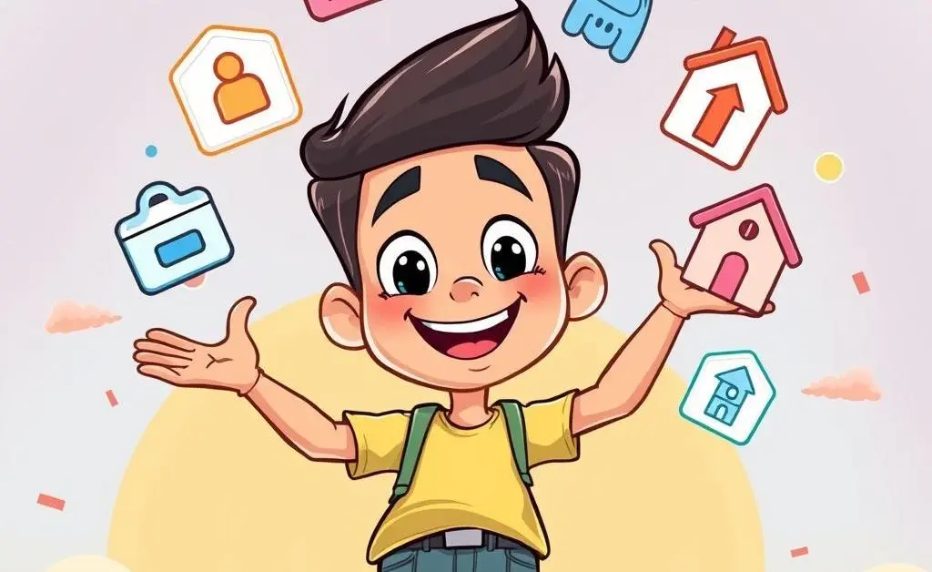 Cartoon-style image of a person juggling different insurance policy icons.