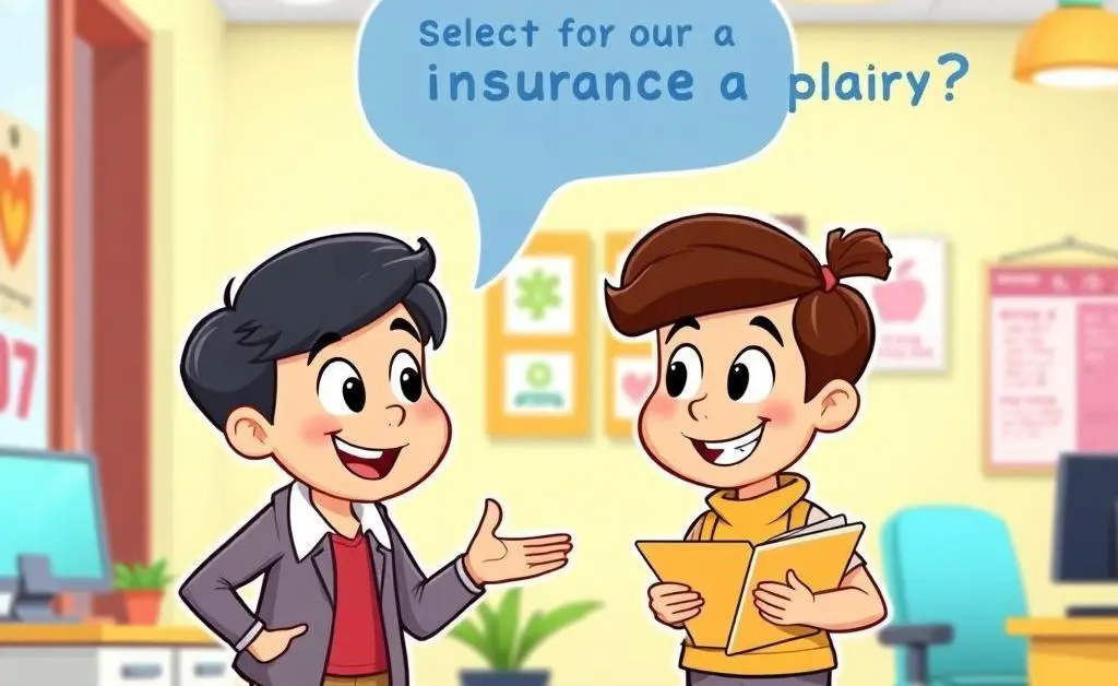 Friendly cartoon discussion between two people about choosing an insurance plan.