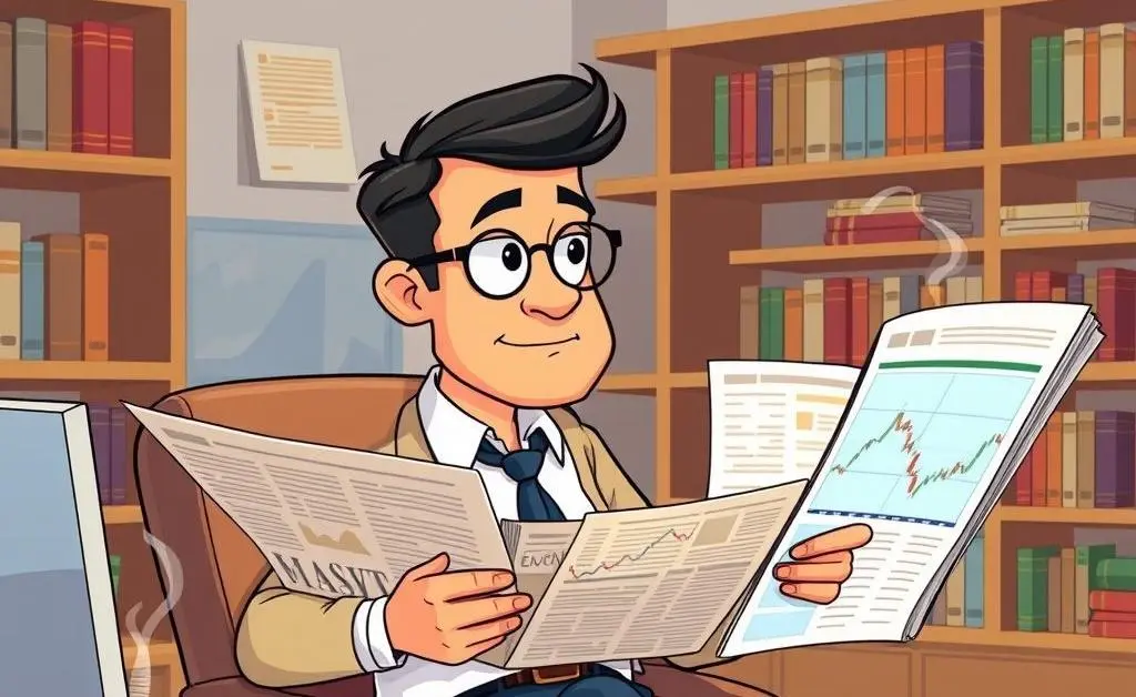 Cartoon of an intelligent investor sitting at a desk reviewing financial news with a cup of coffee.