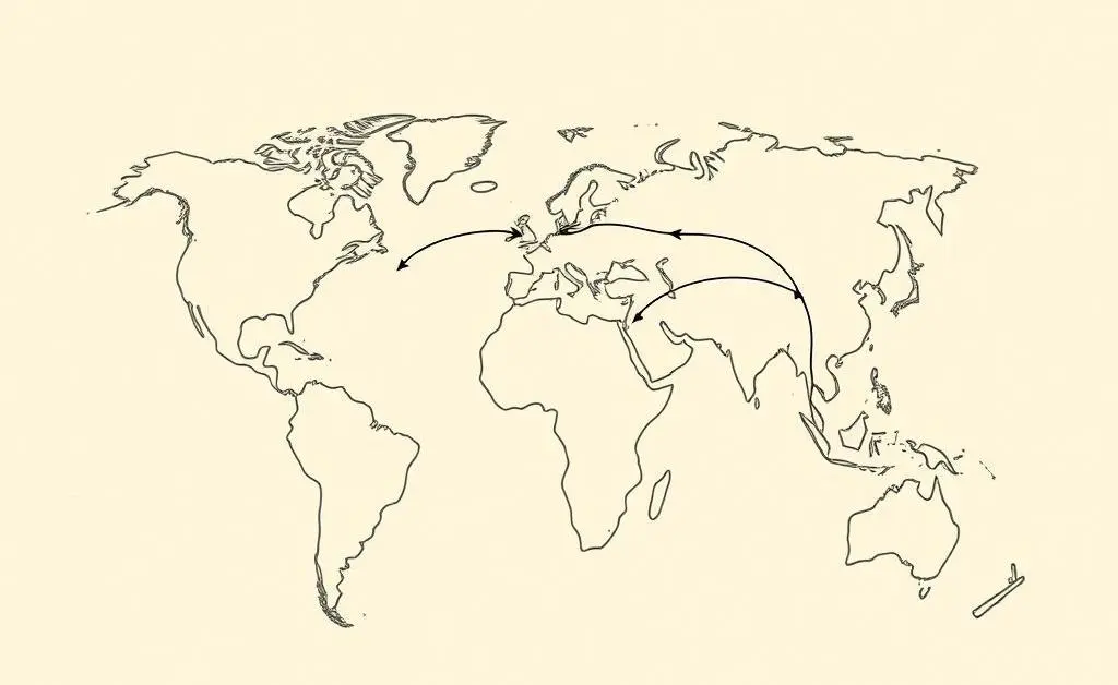A hand-drawn map showing roads connecting different countries.