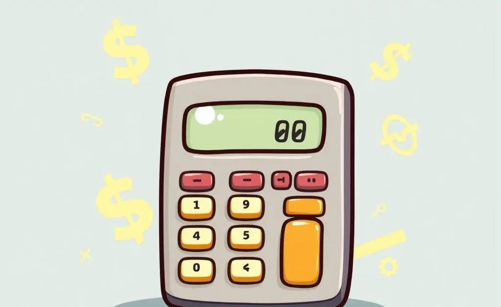 A simple cartoon calculator with dollar signs and percentages around it