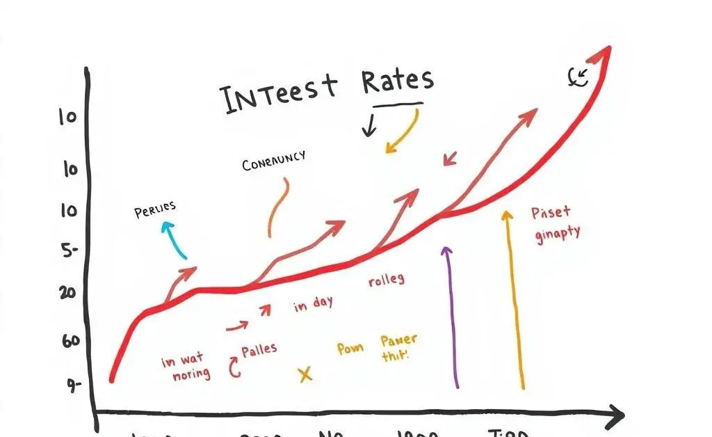 A cartoon-style hand-drawn chart showing fluctuating interest rates over time.