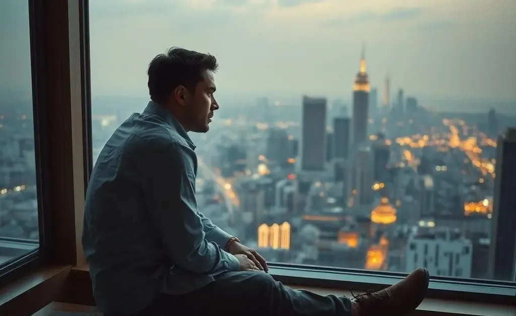 Figure contemplating finances by a window.