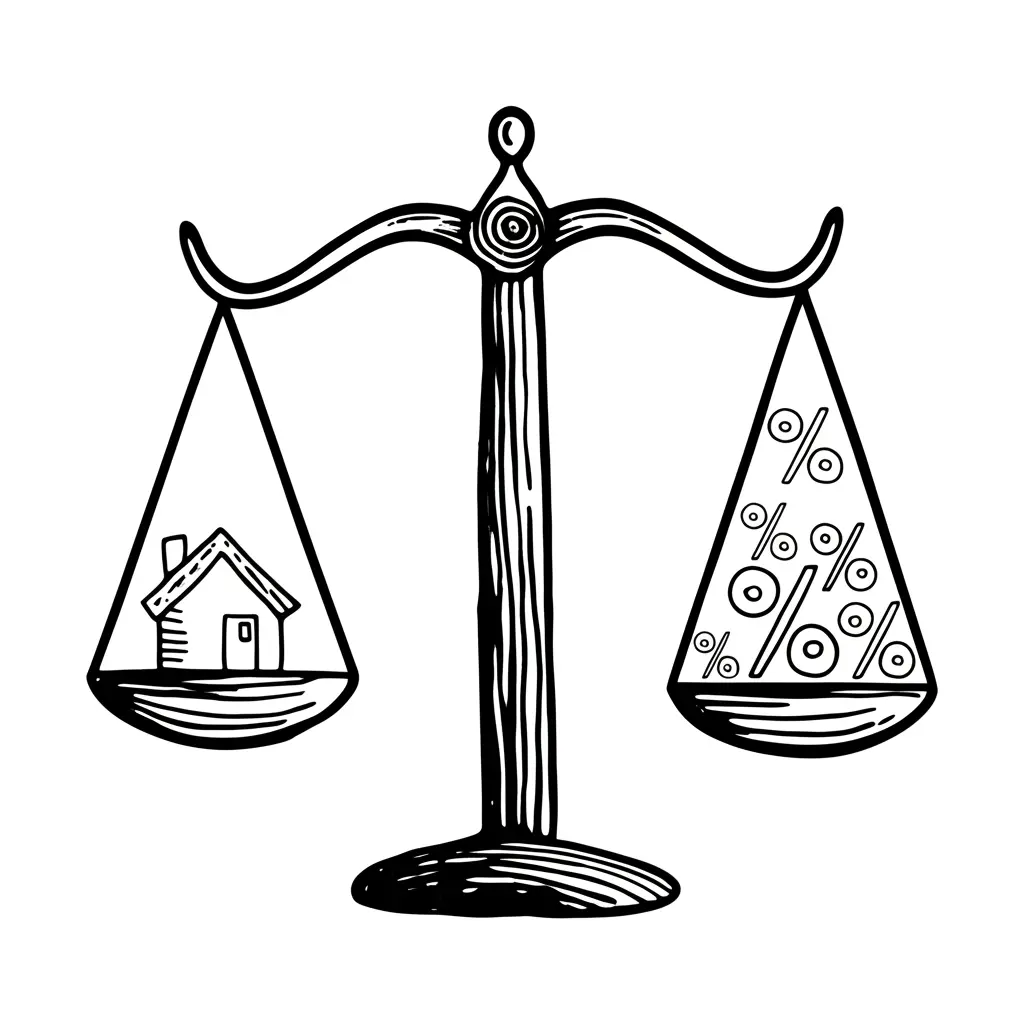 A balance scale depicting the dilemma between house buying and interest rates