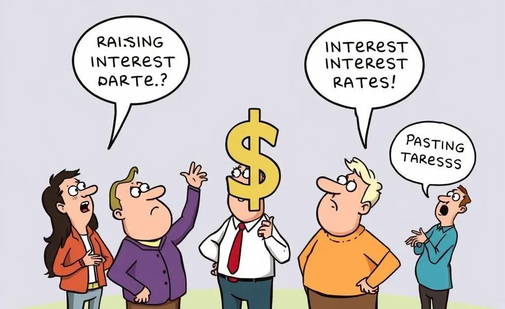Cartoon showing people discussing rising and falling interest rates.