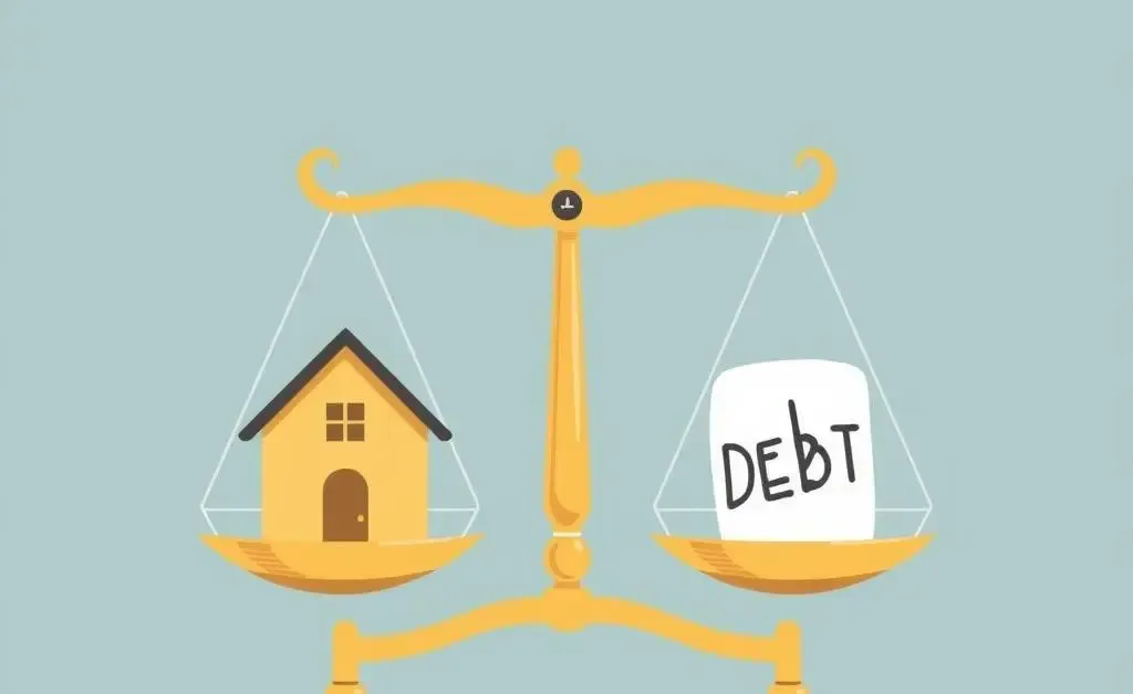 Illustration of a balance scale with a house and a debt symbolizing financial decisions