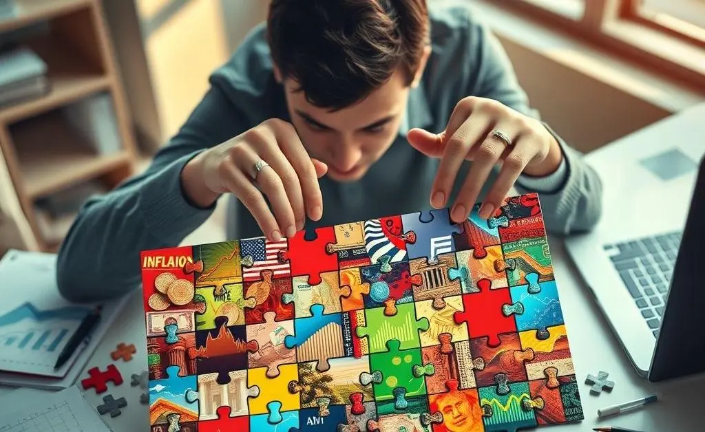 A person putting together a jigsaw puzzle representing various economic indicators like inflation and interest rates.