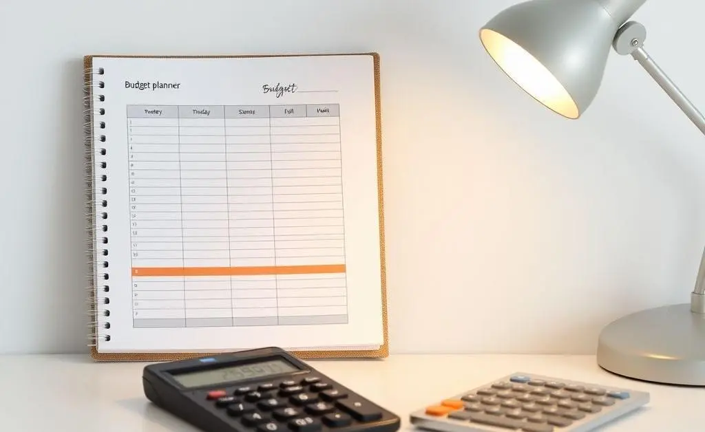 A calm workspace with a budget planner, a calculator, and a soft light