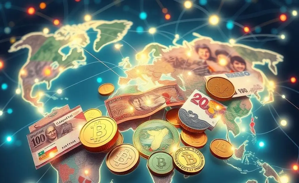 Illustration showing various currencies and a connected network across countries