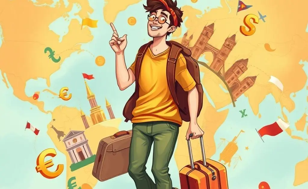 Illustration of a person traveling the world with various currency symbols around them.