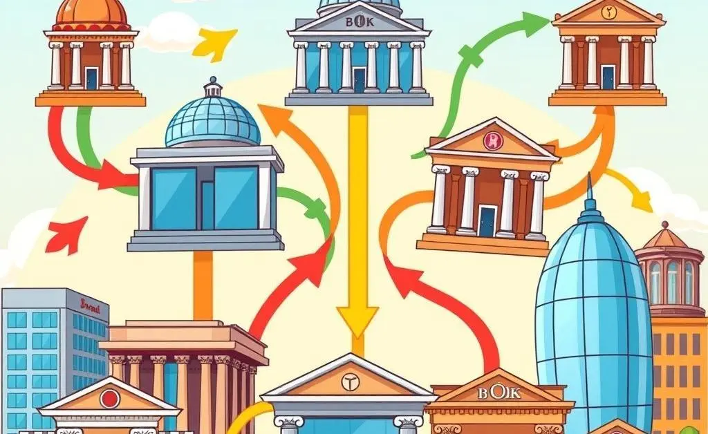 Cartoon-style depiction of various international bank buildings connected by arrows
