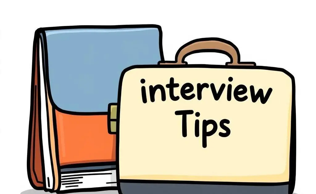 Guidebook labeled 'Interview Tips' next to a briefcase