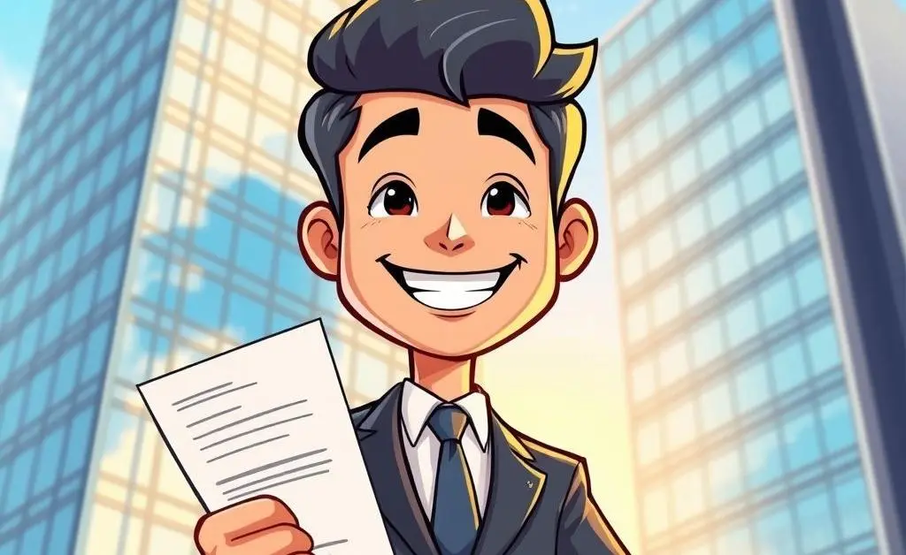 A well-dressed person holding a resume in front of an office building