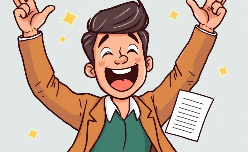 Cartoon depiction of a person excitedly celebrating a successful job interview.