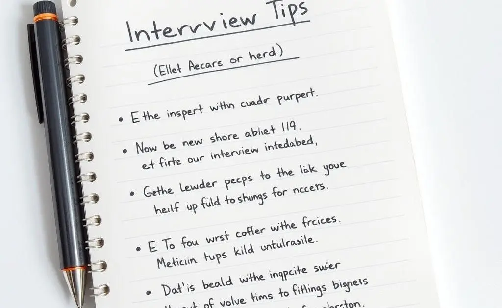A handwritten notebook with headings and bullet points on interview tips, lying beside a pen.