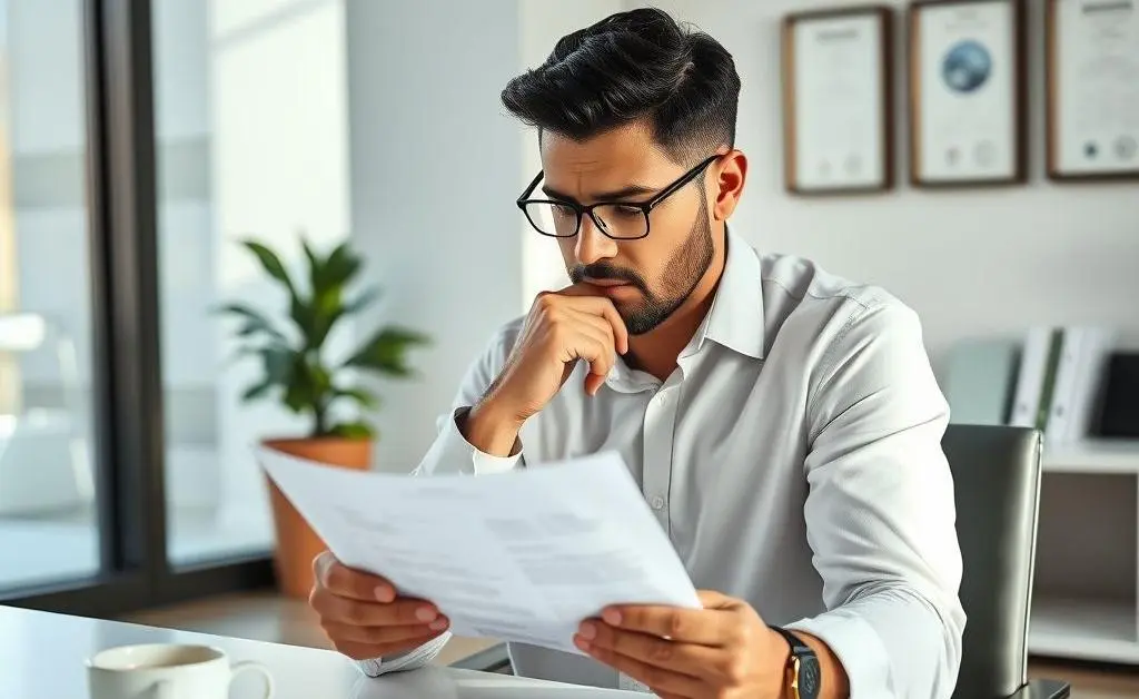 A thoughtful interviewer evaluating a resume and contemplating the candidate in an office setting.