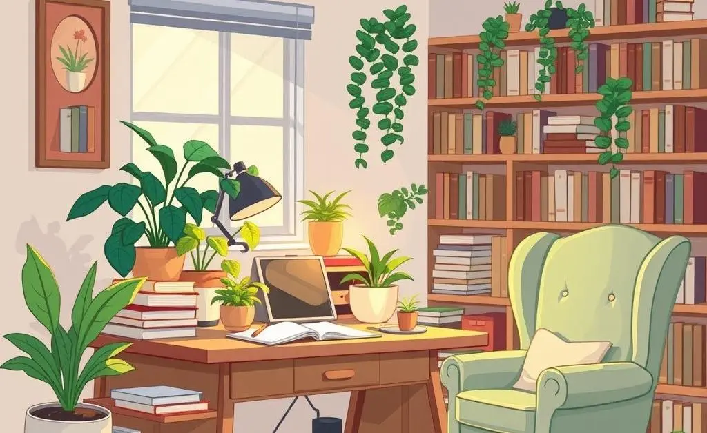 Cartoon image of a quiet, cozy workspace with plants and books, ideal for an introvert