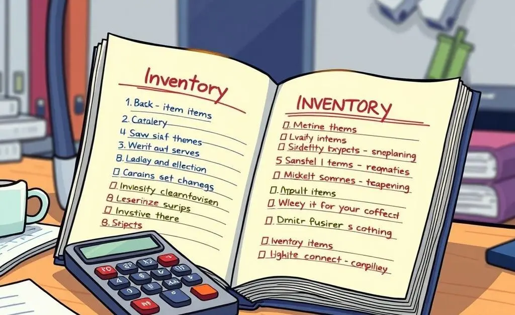 A cartoon of a notebook with inventory items listed and a calculator beside it.