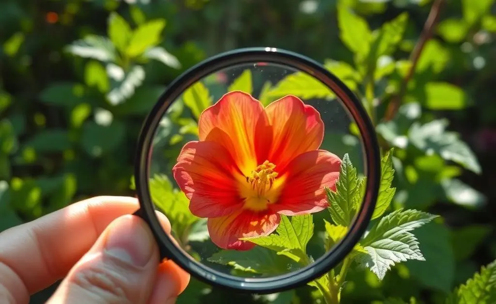A magnifying glass focusing on a flower
