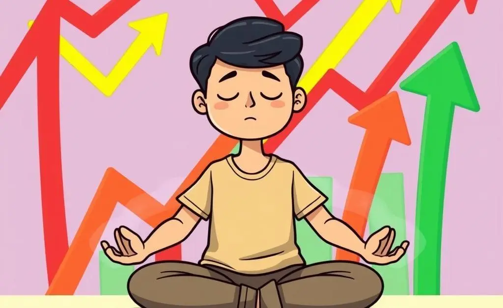 Cartoon-style image of a person meditating next to fluctuating stock arrows.