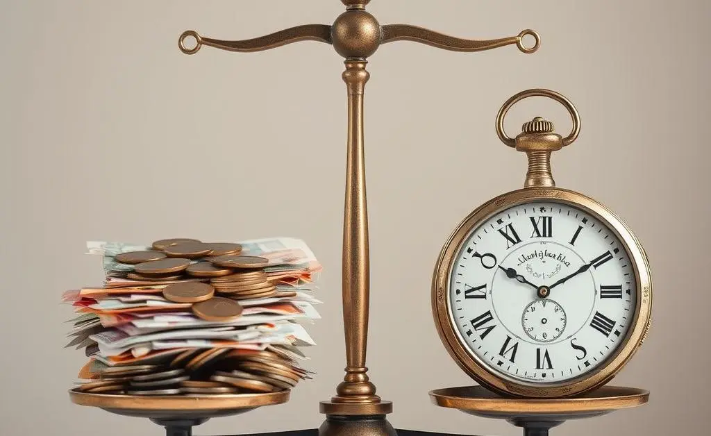 A scale with money on one side and a clock on the other, symbolizing time vs. money.