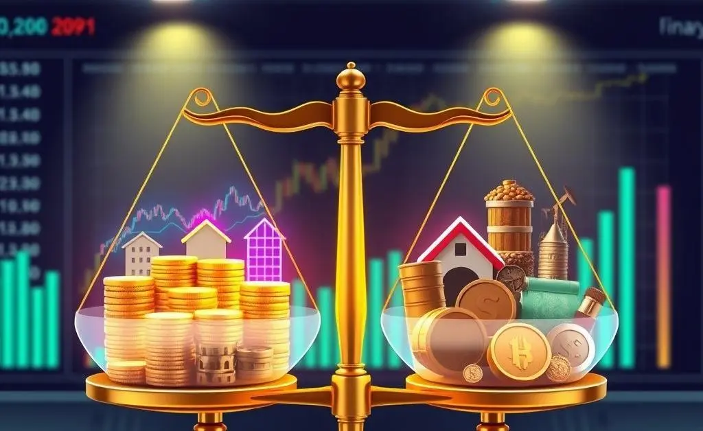 Illustration of a balance scale with different investment options on each side
