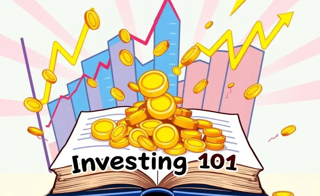 Cartoon-style image of an open book labeled 'Investing 101' with coins and stock charts in the background.