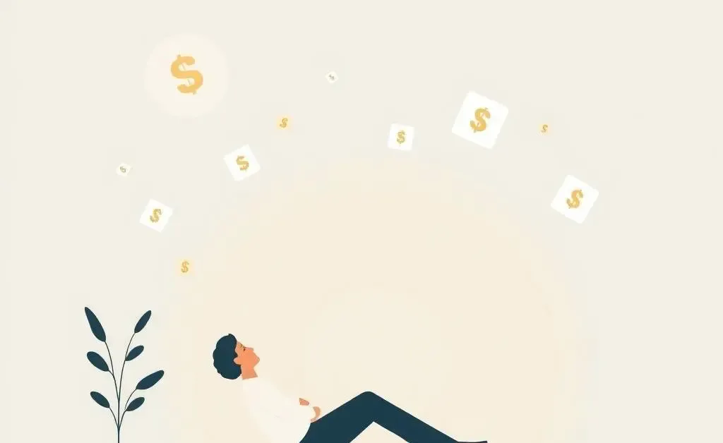 A minimalistic scene showing someone peacefully exploring investment options with symbols floating around.