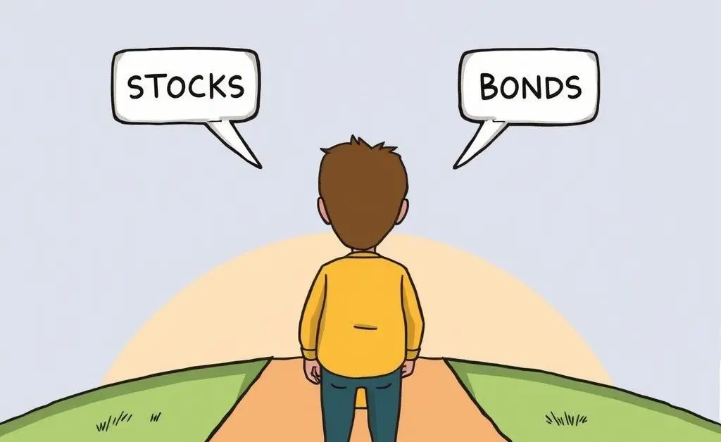 A person standing at a crossroads, choosing between stocks and bonds, cartoon-style