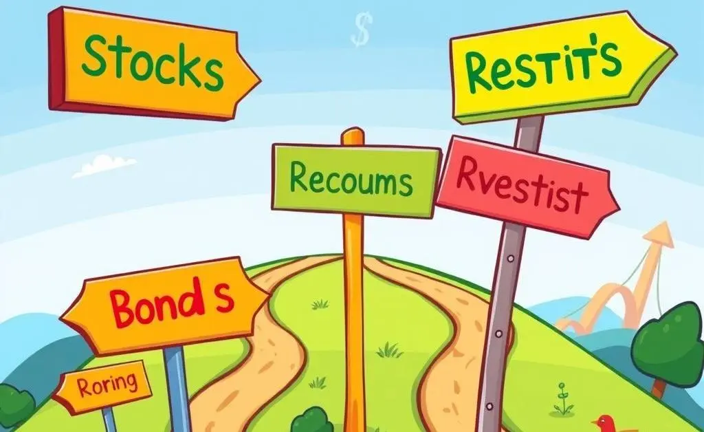 Different paths labeled 'stocks', 'bonds', 'real estate'.