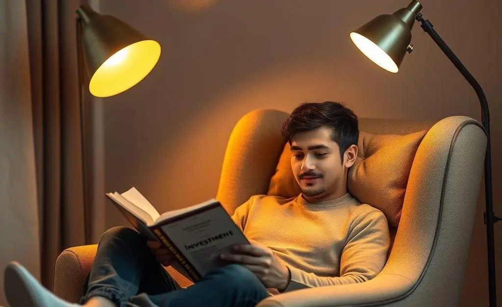 A peaceful scene of a person comfortably reading a book on investments.