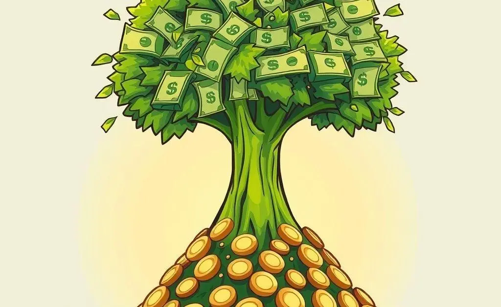 Cartoon-style image of a tree made of money growing from a small pile of coins.