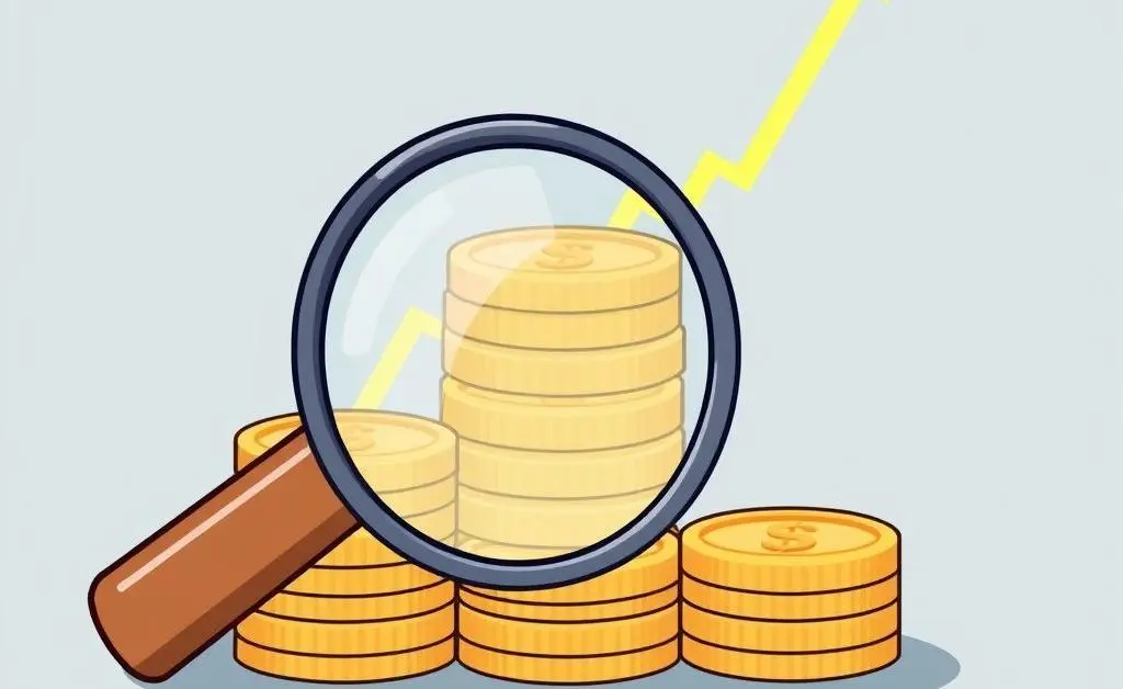 A magnifying glass over a stack of coins and a stock chart, symbolizing investment growth.