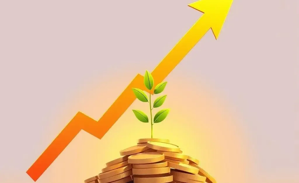 Illustration showing investment growth, with arrows and a mini plant growing from a stack of coins