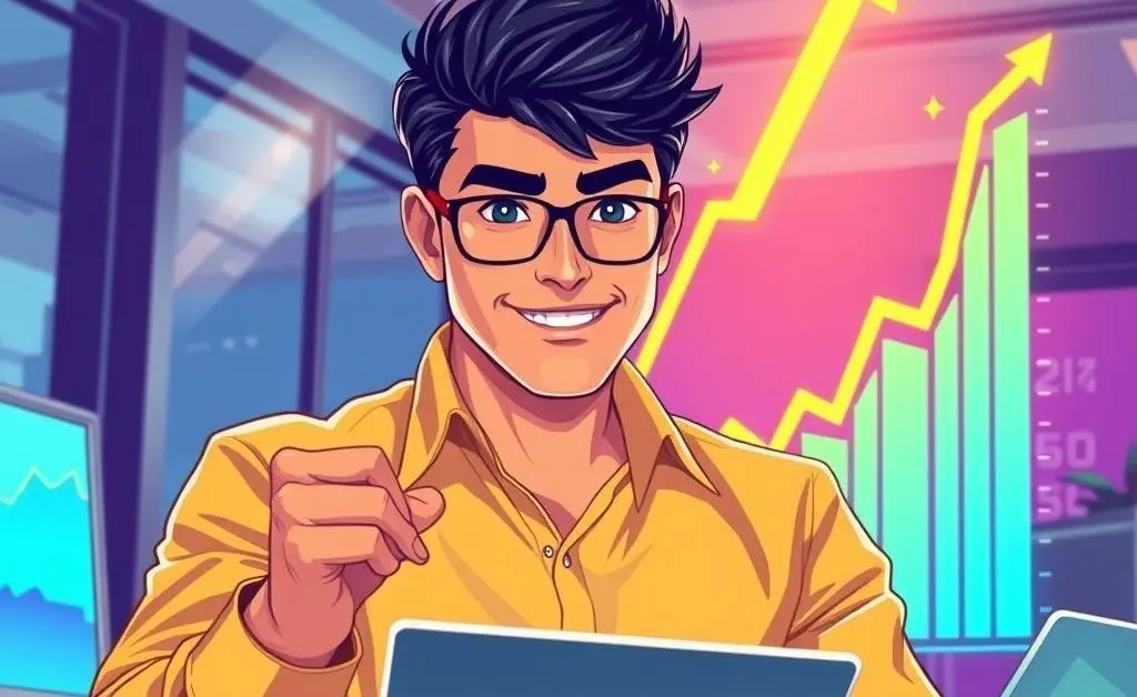 An illustration showing a confident person investing money with a rising chart in the background.