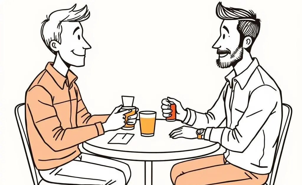 Two friends discussing stock investments over coffee