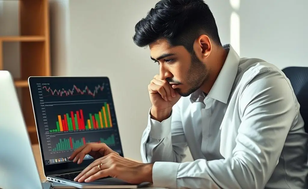 A person thoughtfully analyzing charts on a laptop while seated at a desk, representing investment analysis.